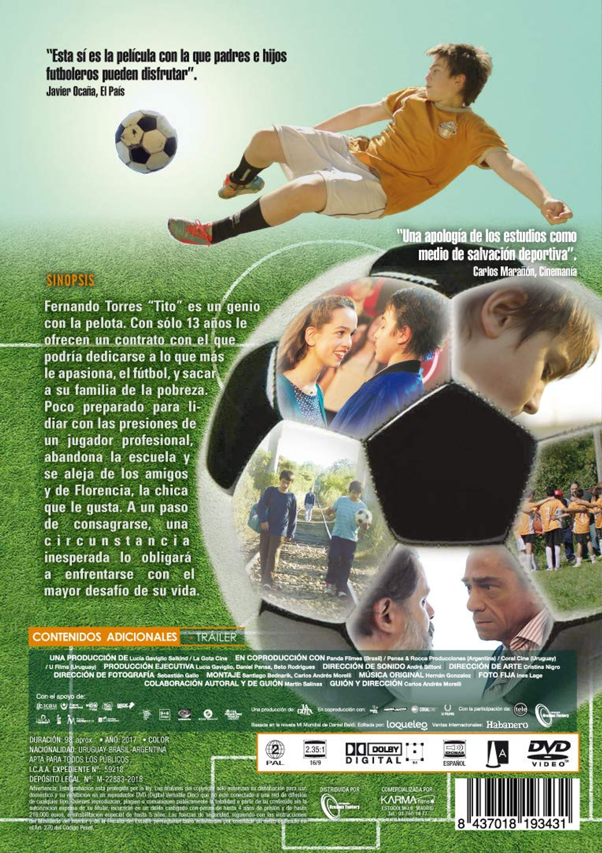 Parte trasera de una caja de DVD con imágenes de fútbol, un niño y texto en español.