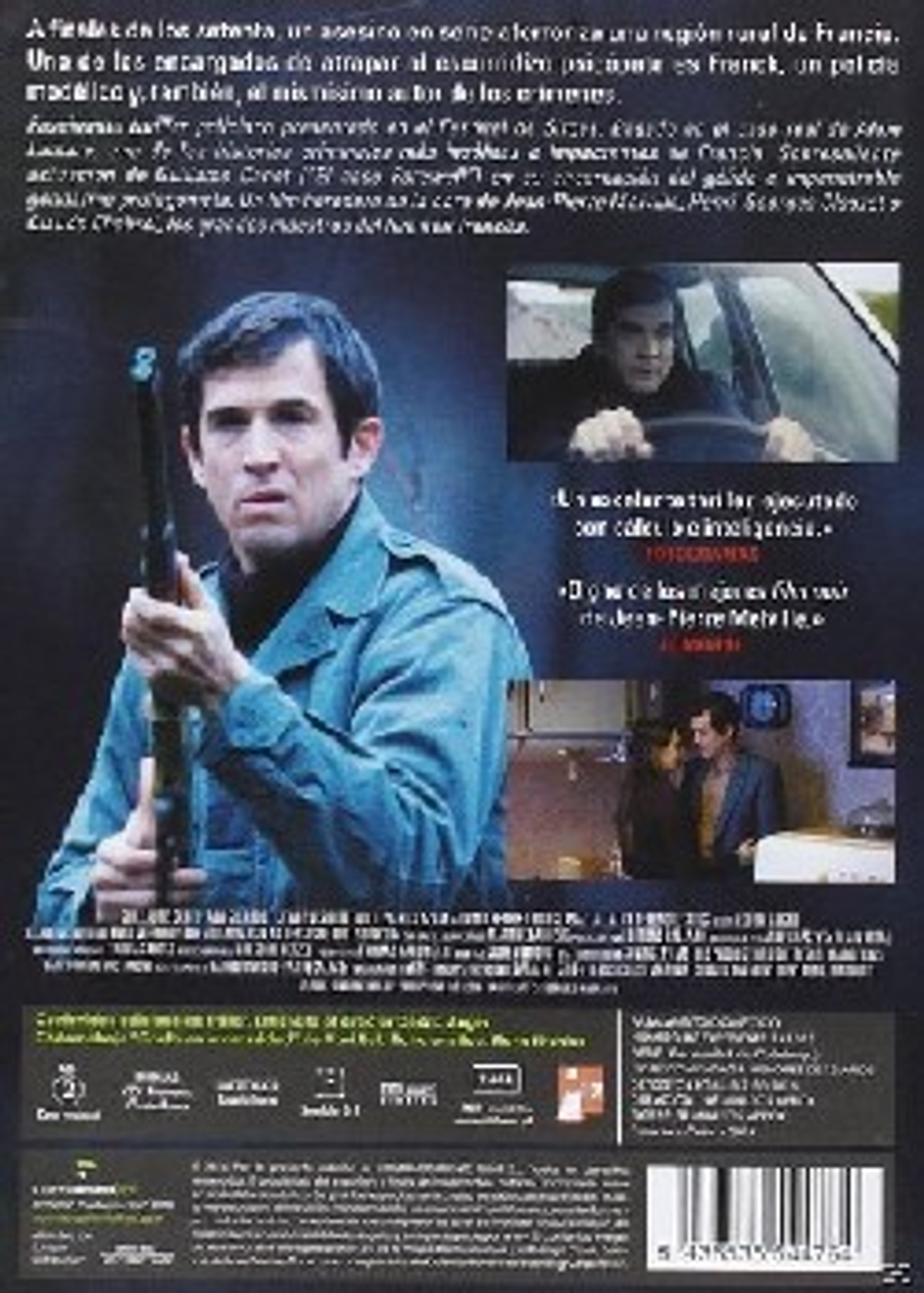 Portada de la película. Un hombre con una escopeta. La contraportada de una película francesa.
