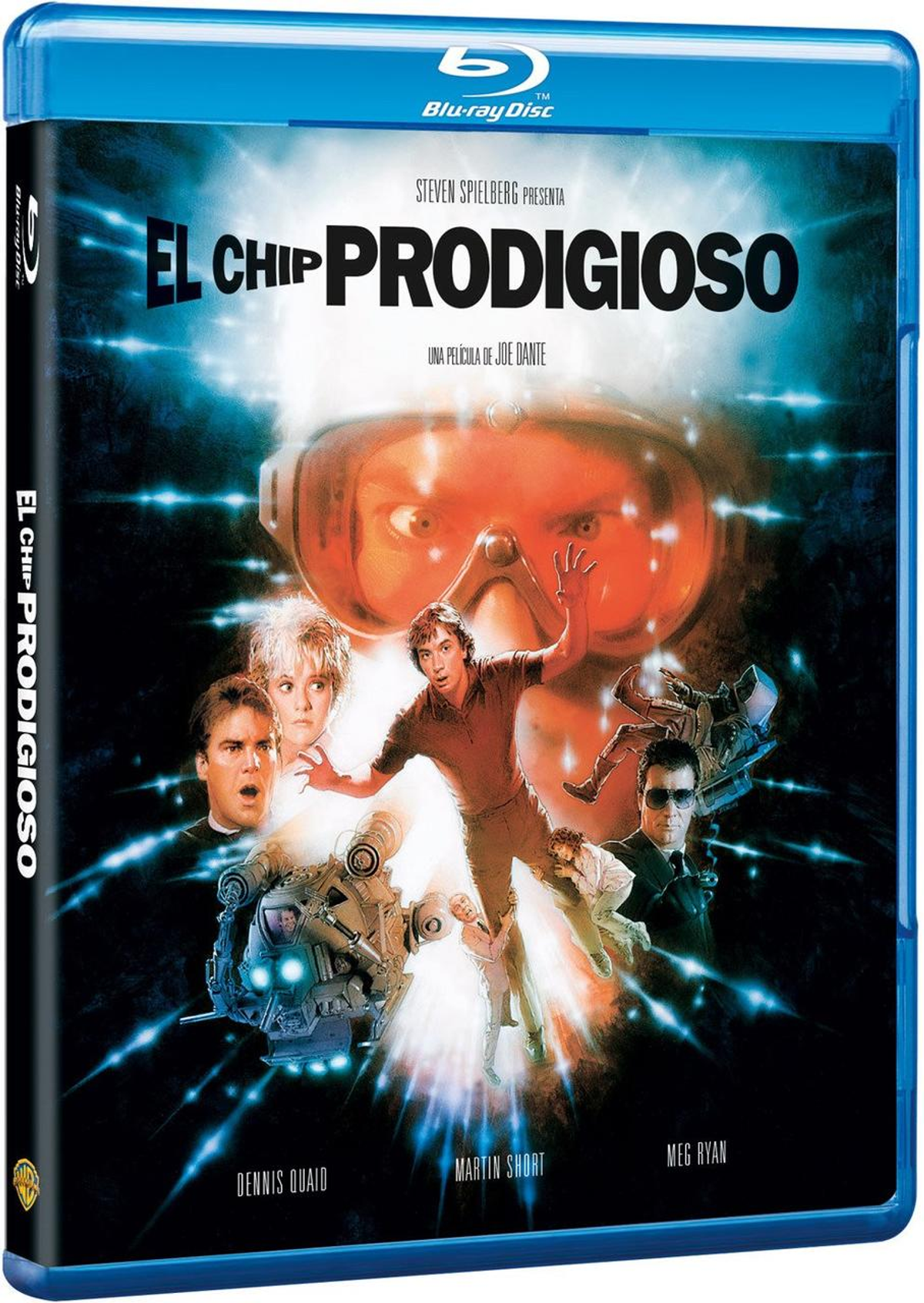 Portada Blu-ray de la película 'Innerspace', con actores y una cara grande y borrosa en el fondo.
