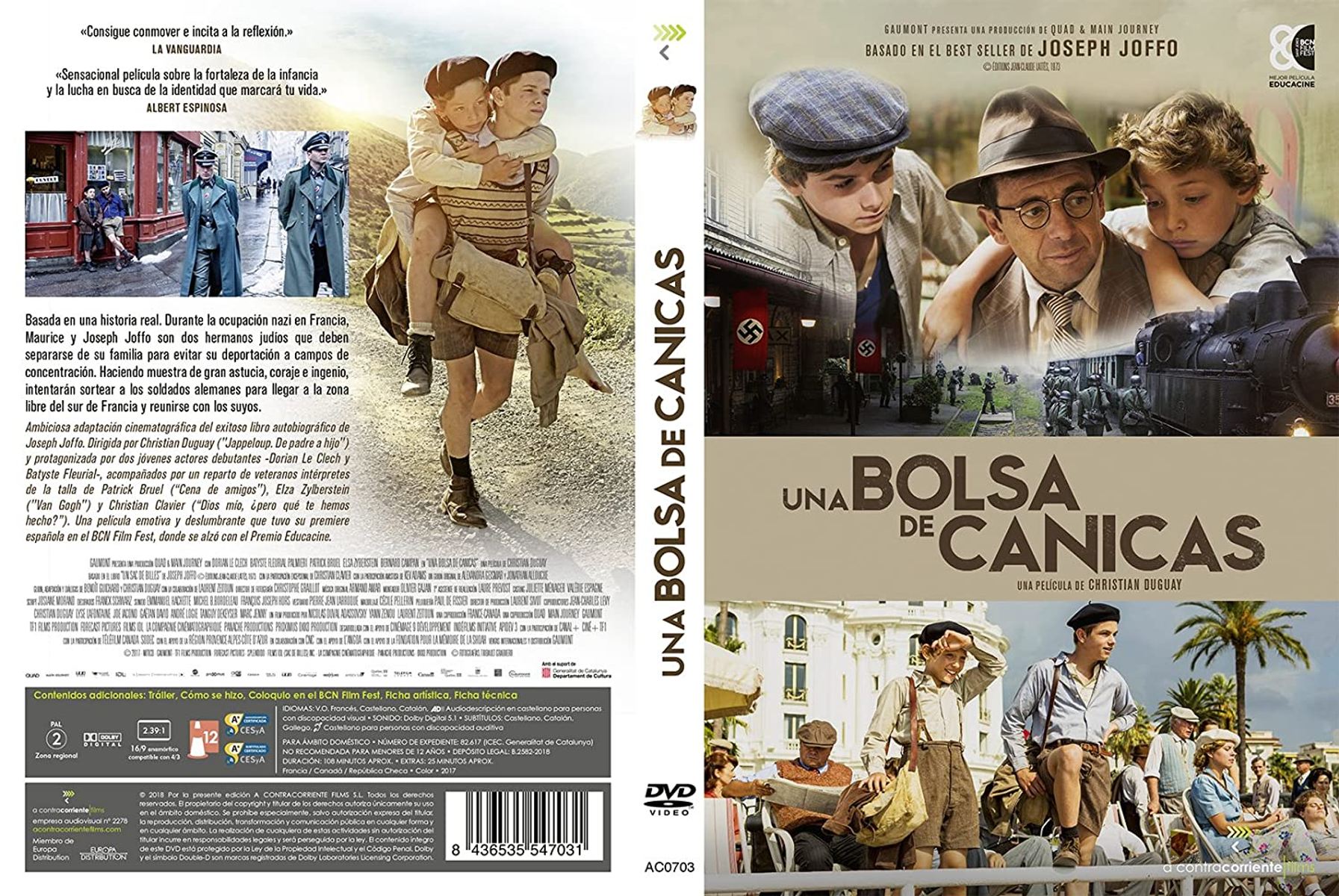 Portada de DVD con dos niños y un hombre. Título: Una Bolsa de Canicas. (Una bolsa de canicas).