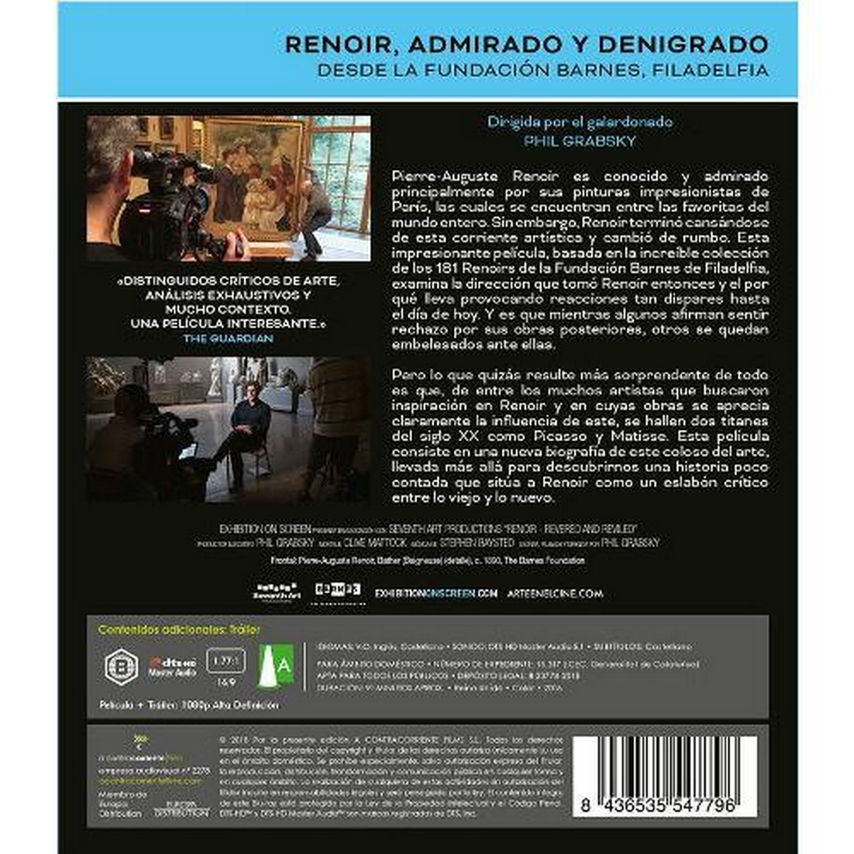 Parte trasera de una caja de DVD con texto e imágenes. Describe la película.