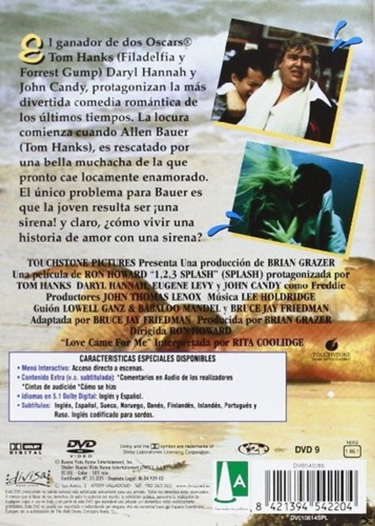 Portada de DVD con el título de la película '1,2,3 Splash', Tom Hanks, Daryl Hannah y John Candy.