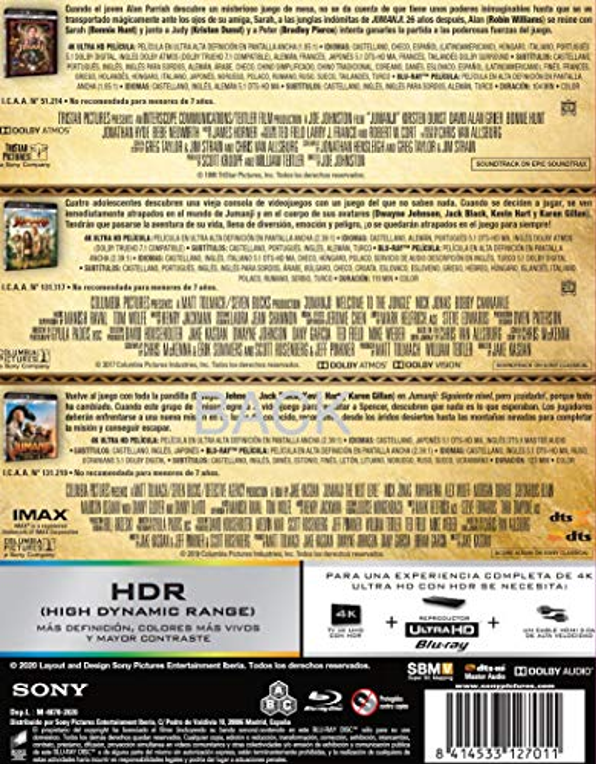 Parte trasera de una caja de DVD que muestra información de la película 'Jumanji' y 'Jumanji: Welcome to the Jungle'.