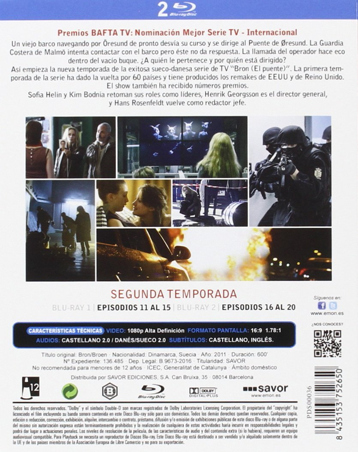 Portada de DVD: The Bridge. La portada de la segunda temporada con texto. La imagen muestra un grupo de personas en una escena.