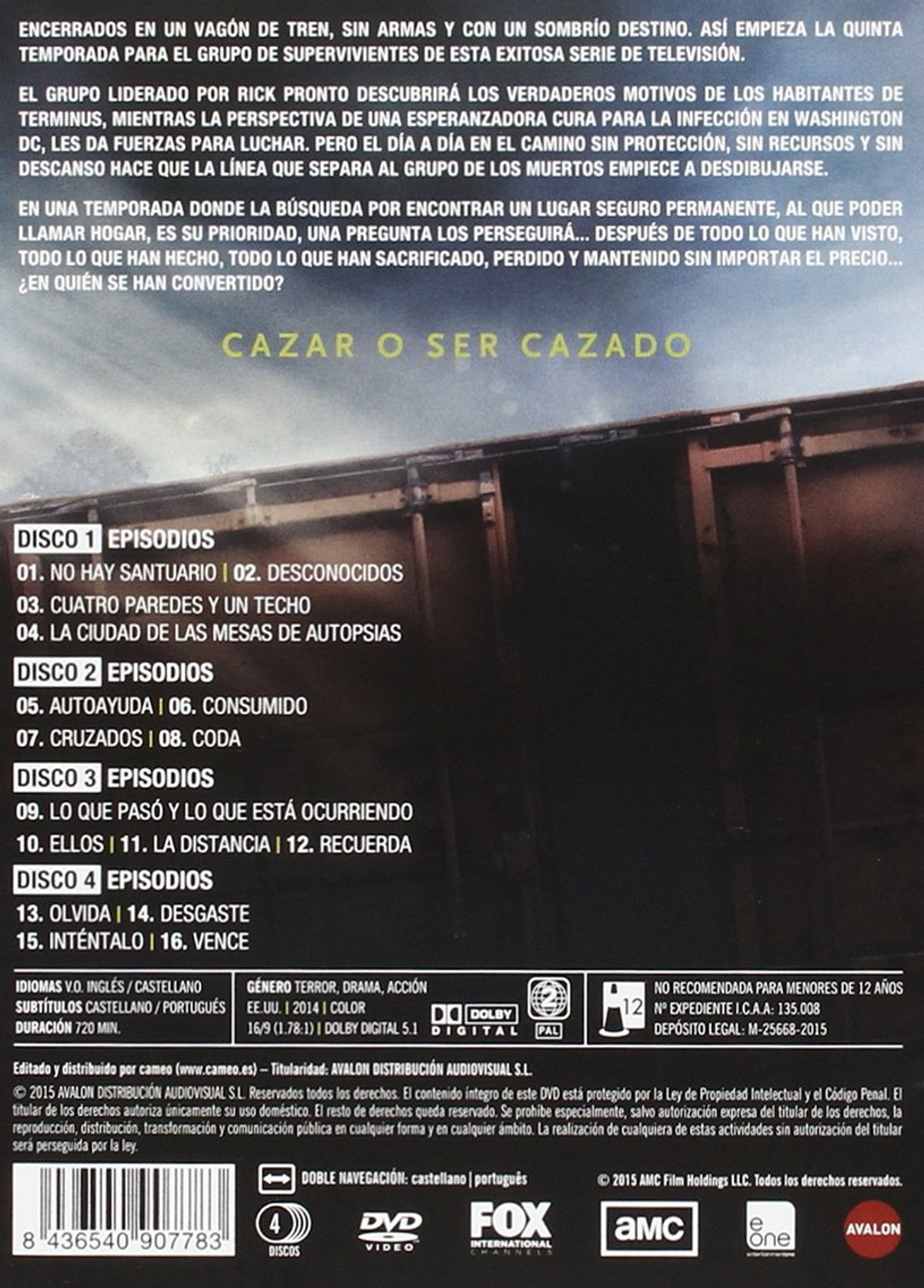 Portada DVD: Tren, título 'Cazar o Ser Cazado', lista de episodios.