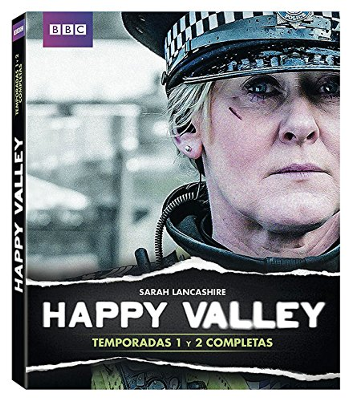 Póster de película: Una mujer con gorra de policía mira al espectador. Título es Happy Valley, Temporadas 1 y 2, DVD.