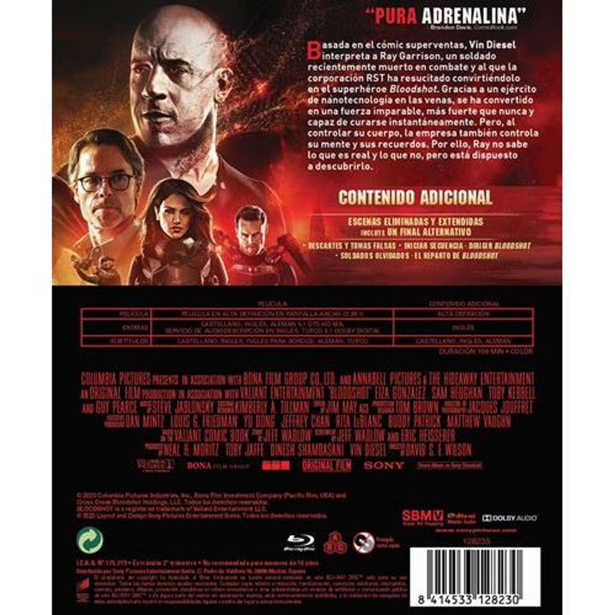 Portada de DVD de la película Bloodshot. Vin Diesel en el centro con otros miembros del reparto.