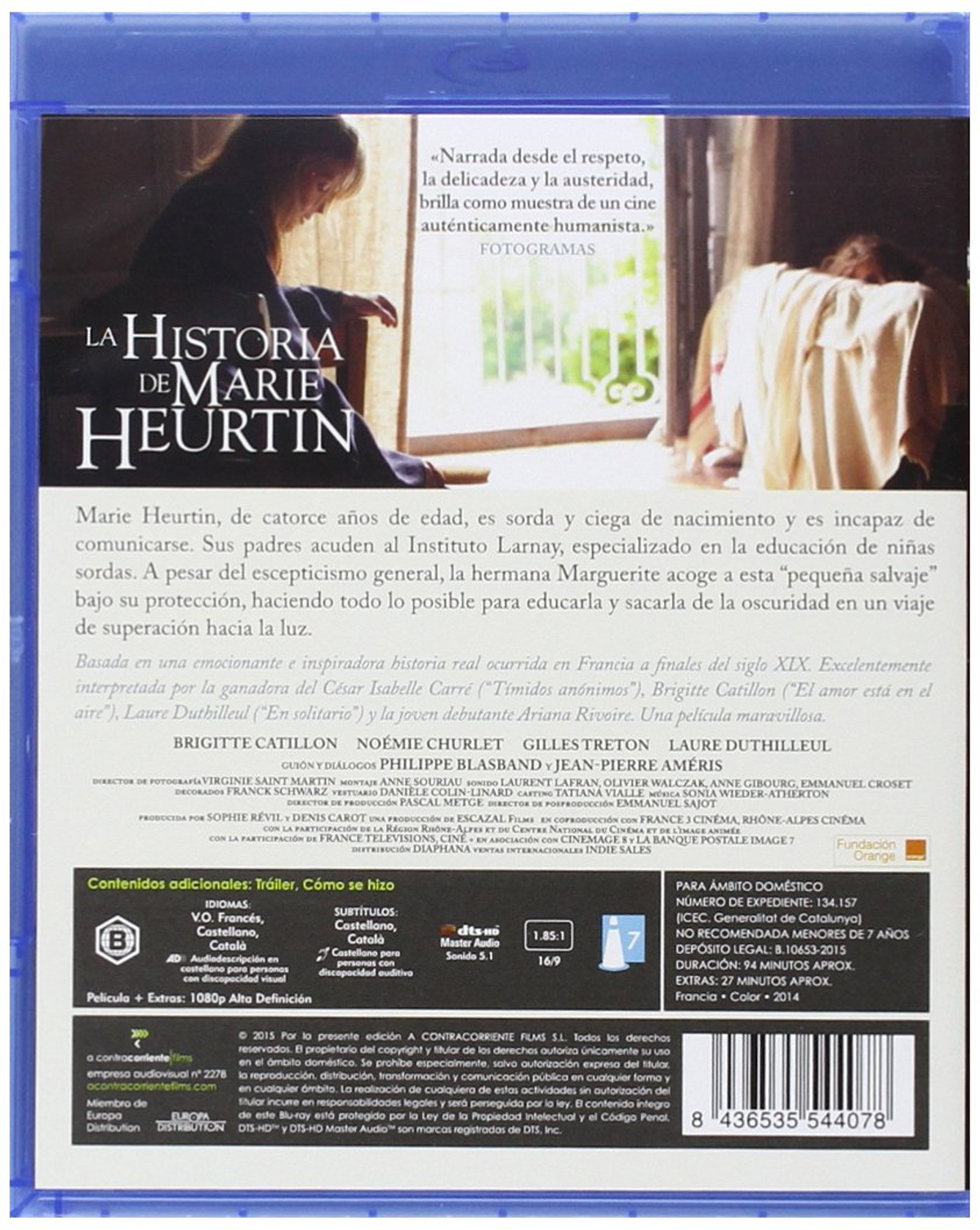 Contraportada de DVD. Título: La historia de Marie Heurtin. Texto descriptivo.