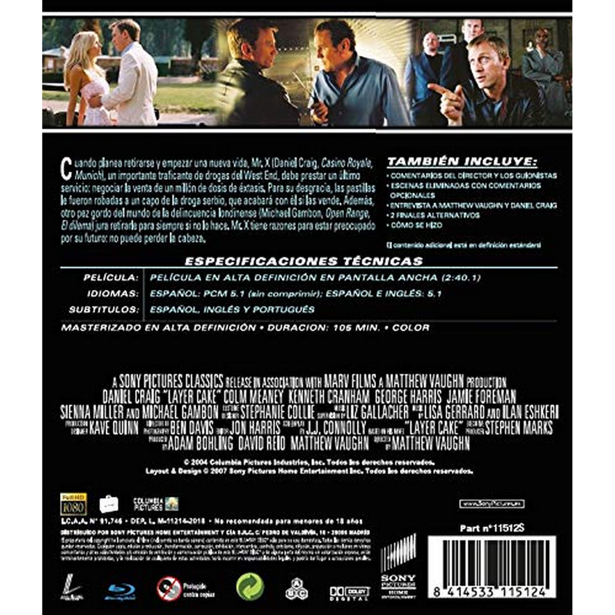 Contraportada de DVD con texto e imágenes. El texto incluye detalles de la película, actores y resumen.