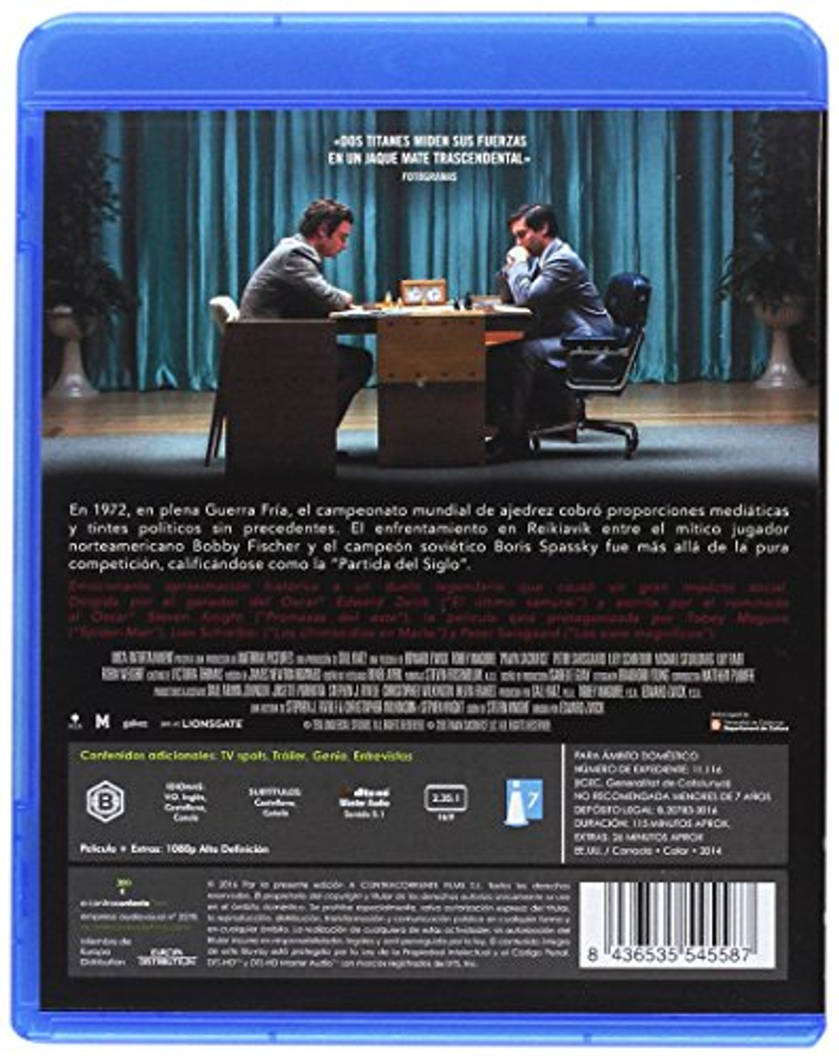Funda de Blu-ray con dos hombres jugando al ajedrez. El texto está en la parte trasera, con logotipos y créditos.