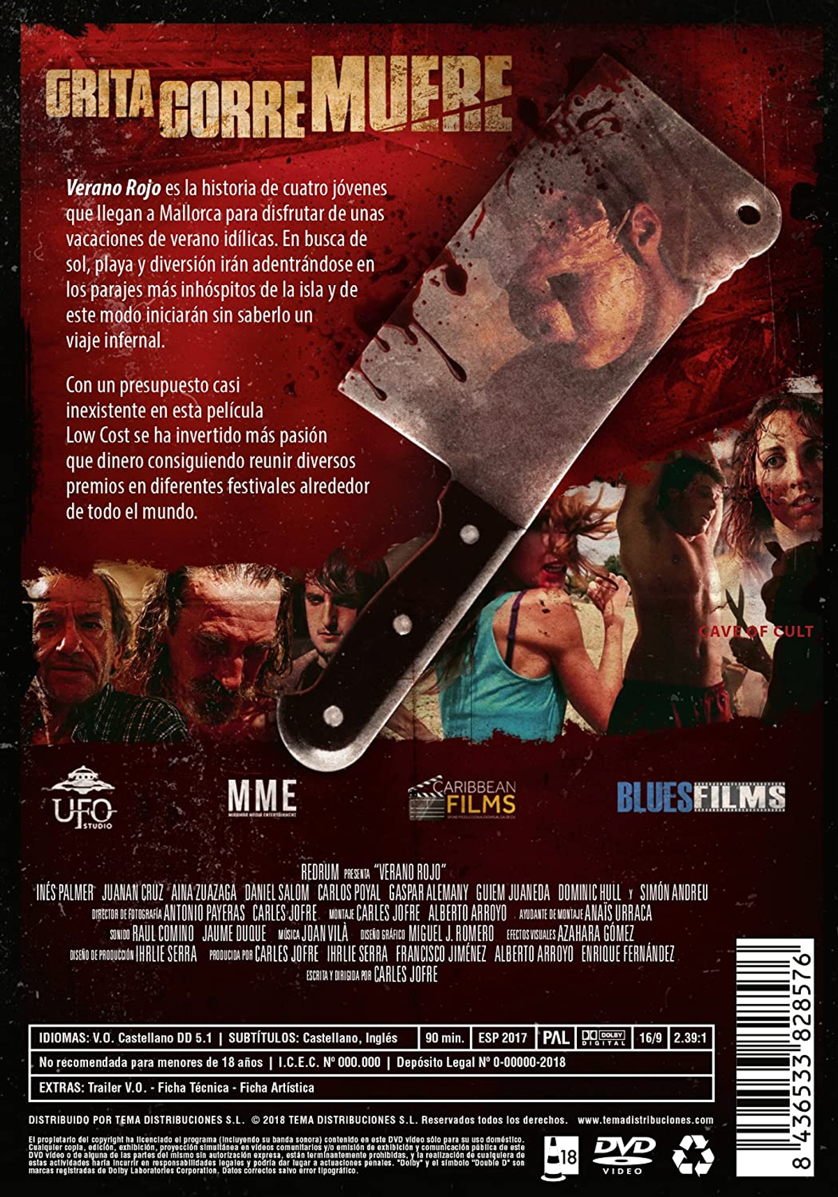 Portada de DVD: Cuchillo ensangrentado, título 'Grita Corre Muere' con rostros y texto en español.