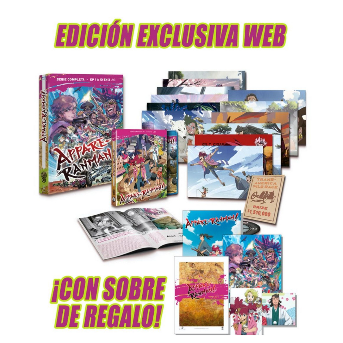 Una colección de DVDs y merchandising de anime. Incluye cajas de DVD, tarjetas de arte y un mapa.