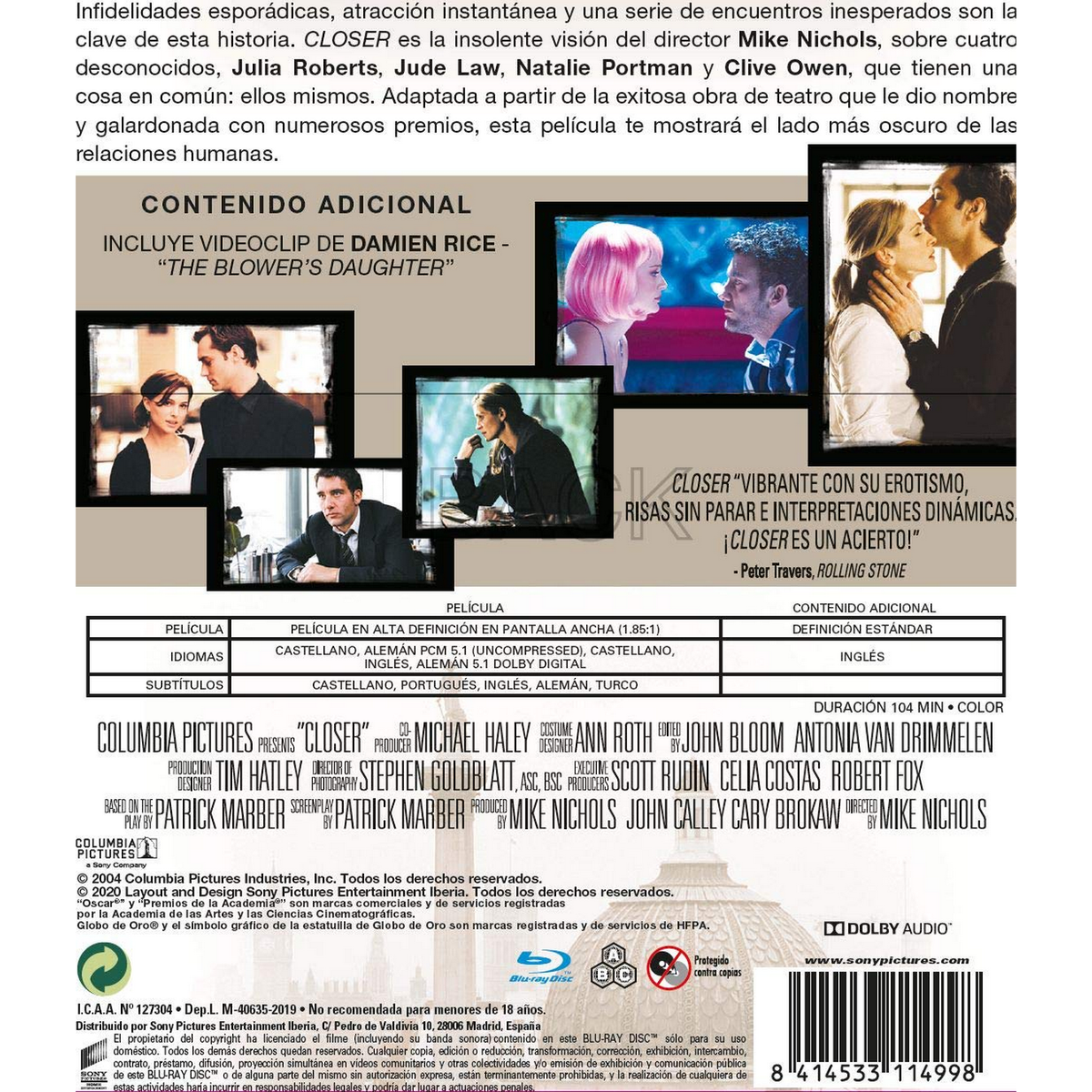 Parte trasera del DVD de 'Closer'. Imágenes de actores, texto y disco azul presentes.