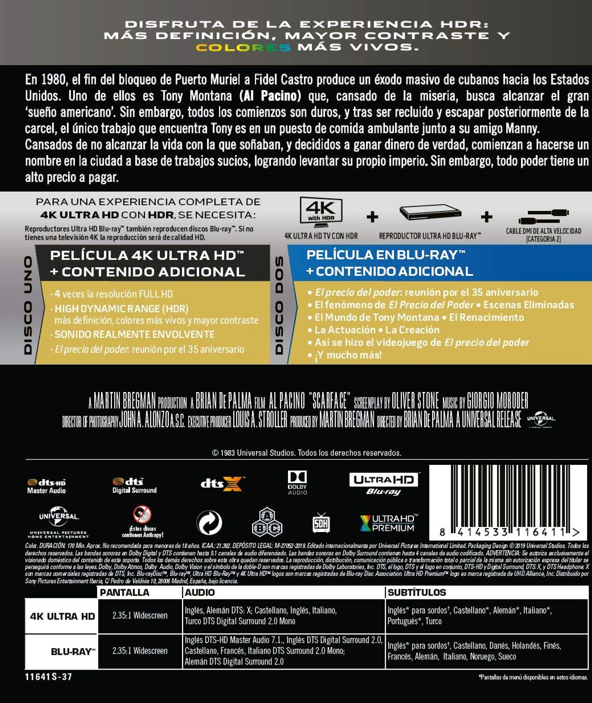 Contraportada de Blu-ray de 'Scarface'. Texto e imágenes que detallan la película.