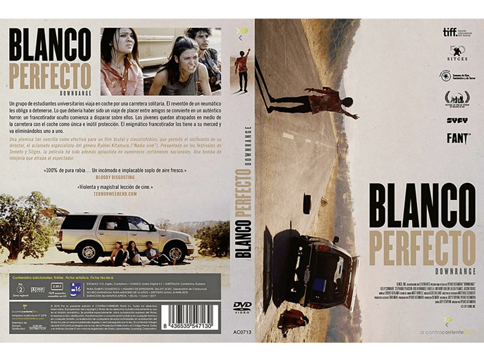 Portada de DVD de Blanco Perfecto. La imagen muestra un accidente automovilístico y una escena desértica.