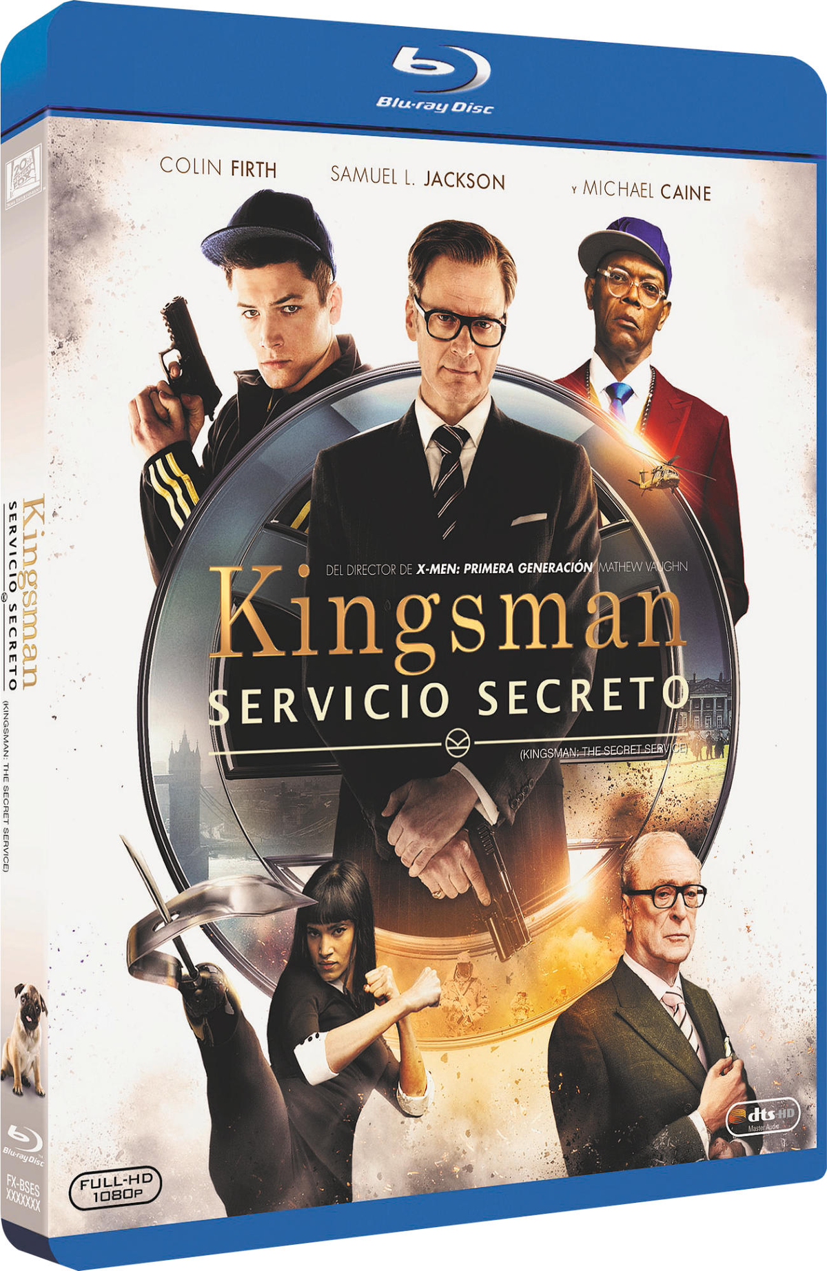 Portada de Blu-ray de Kingsman. Presenta a los actores Colin Firth, Samuel L. Jackson y Michael Caine. El título está en negrita.