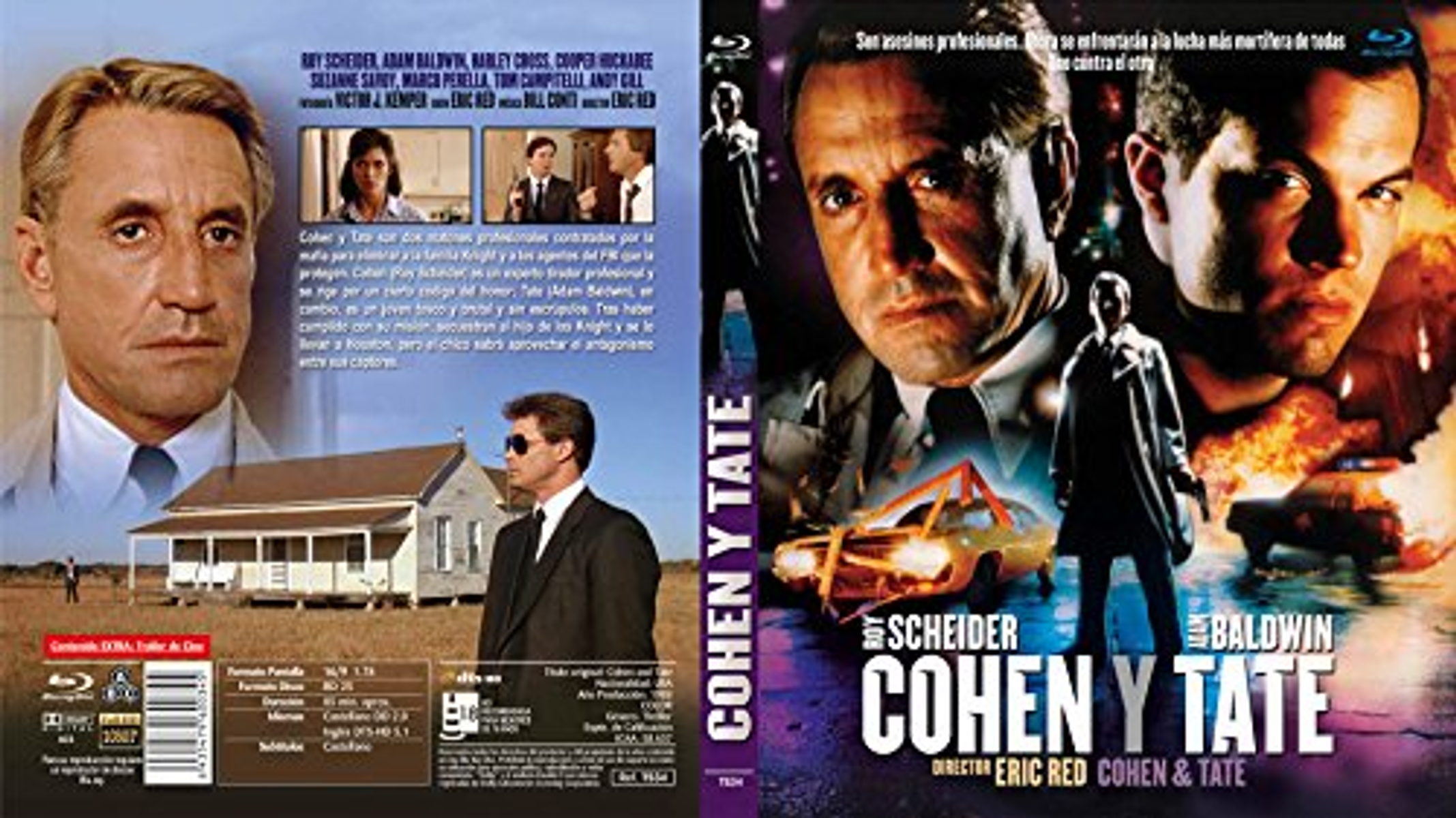 Portada del DVD de Cohen y Tate. Dos hombres, uno con gafas de sol, texto y una casa al fondo.