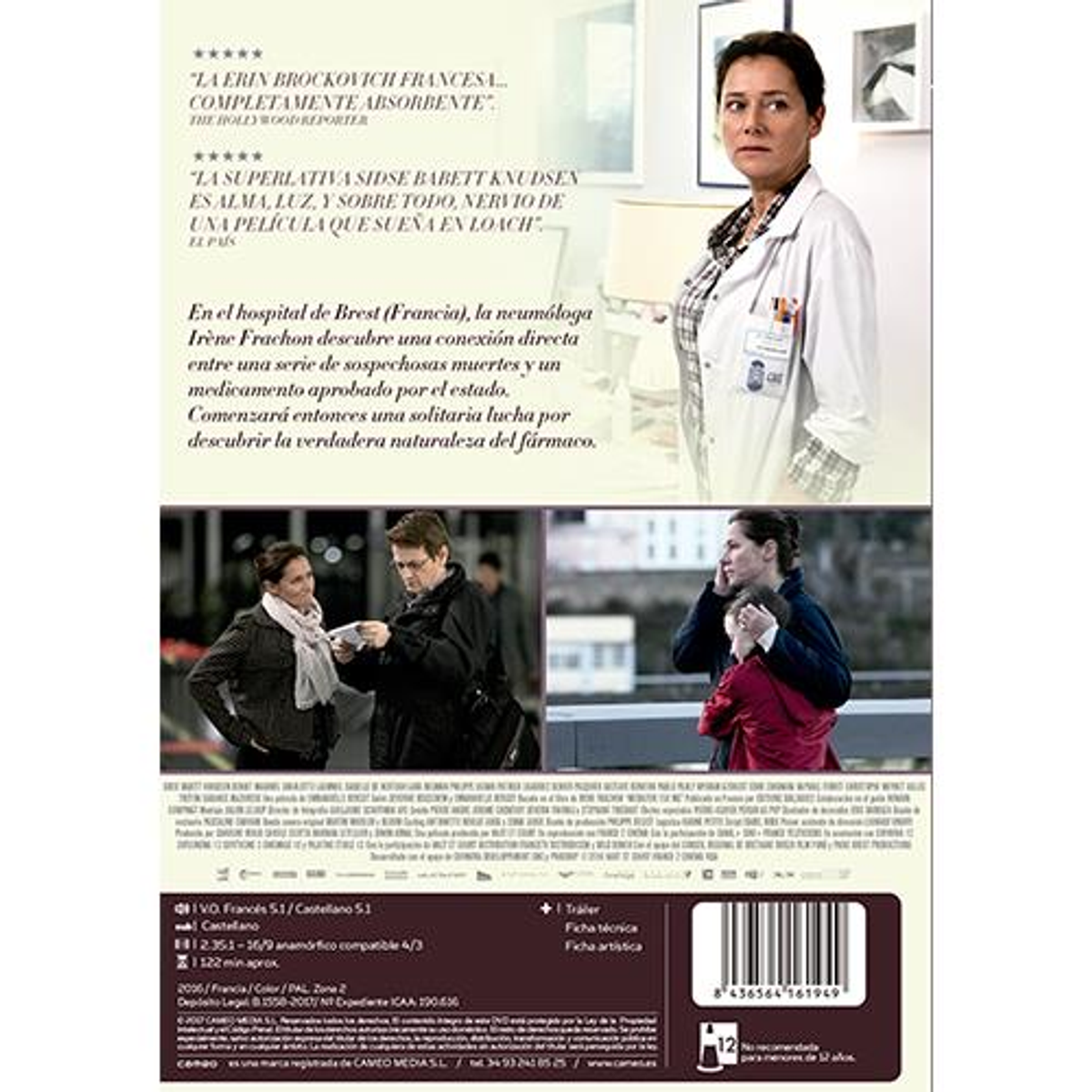 Portada de DVD con una mujer con bata de laboratorio. Se muestran otras imágenes de la mujer. Texto en francés.
