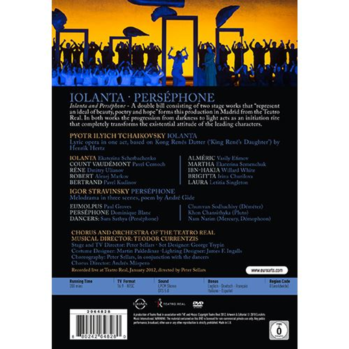 DVD-Rückseite mit Bühnenbild oben, Text über Iolanta und Persephone, Credits und Barcode unten.