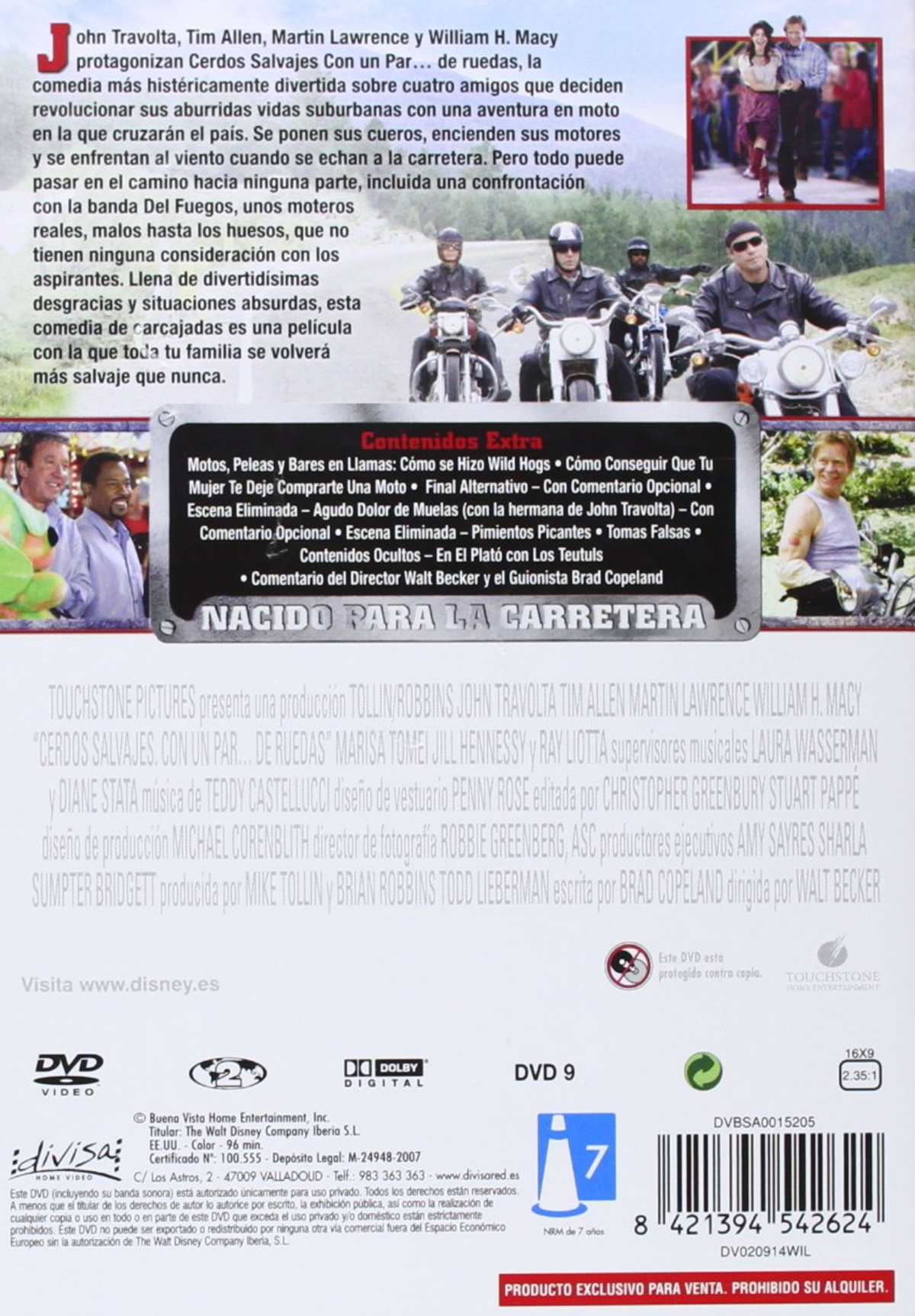 Portada de DVD de 'Wild Hogs' con cuatro hombres en motos y otras imágenes, en un entorno rural.