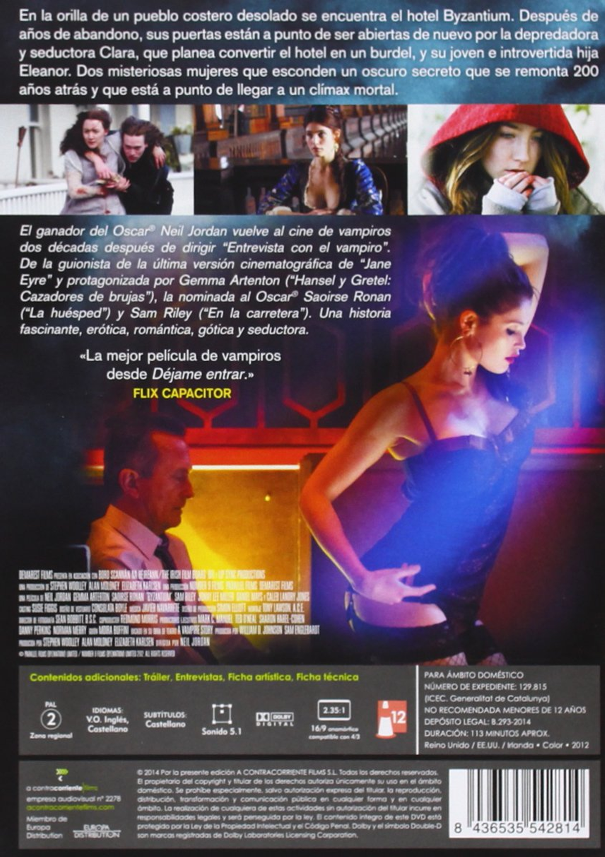 Contraportada de DVD, texto, imágenes de personas. Texto en español. Mujeres con vestidos.