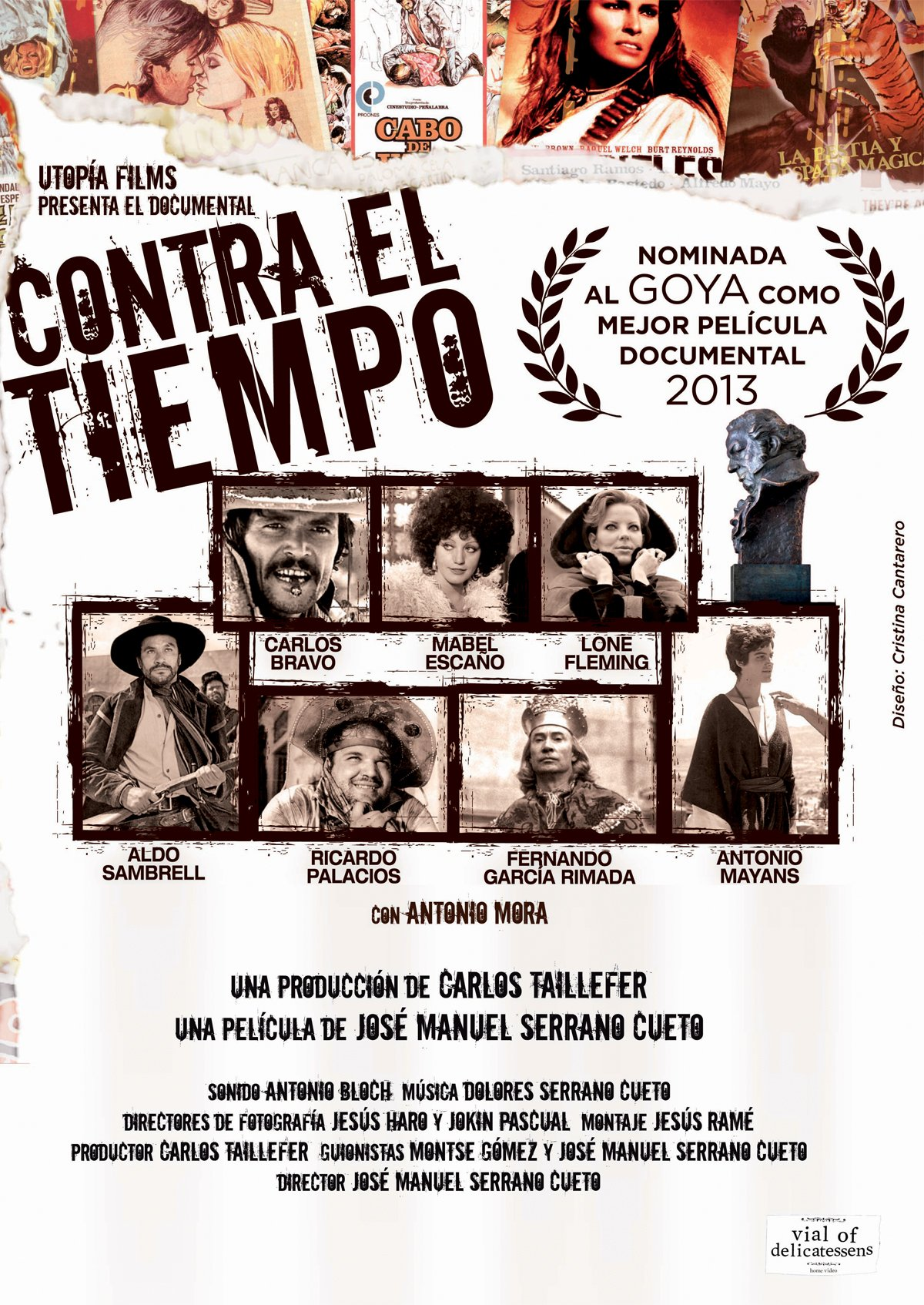 Cartel de película con fotos de actores. Título 'Contra el Tiempo'. Premiada como mejor documental.