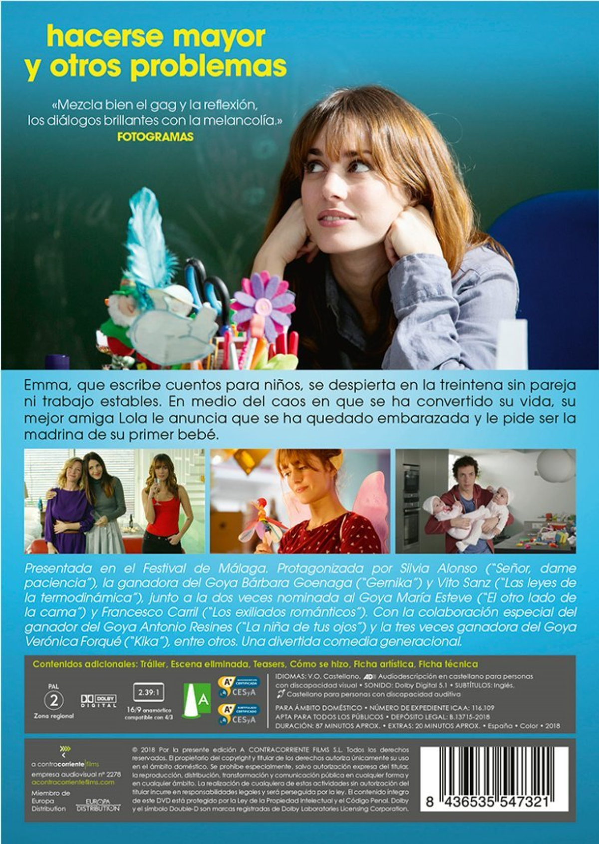 Contraportada de DVD con imágenes de la película y texto. Una mujer mirando hacia arriba.