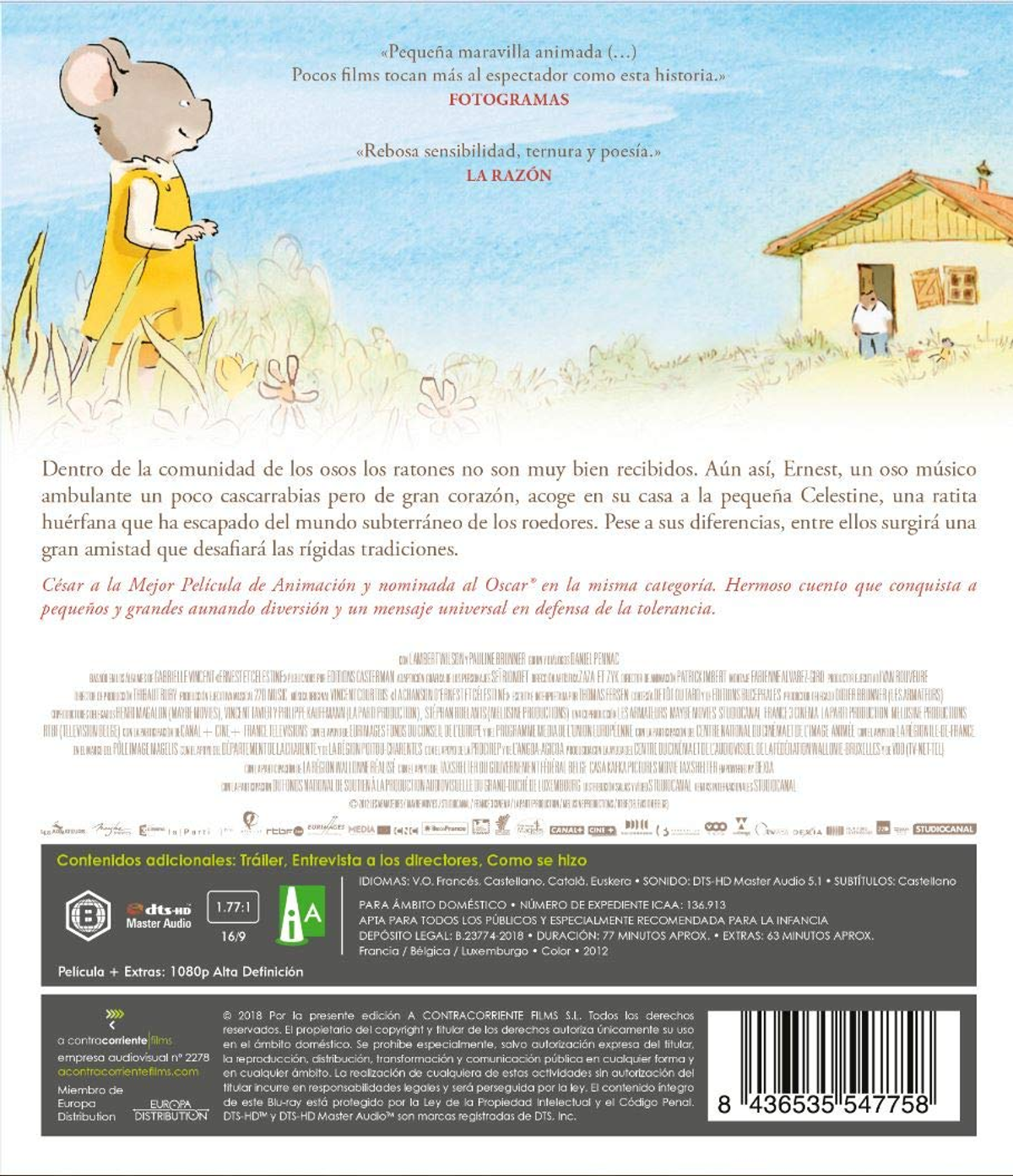 Funda de DVD. Parte trasera de una caja de DVD con texto e imagen de un ratón y una casa.