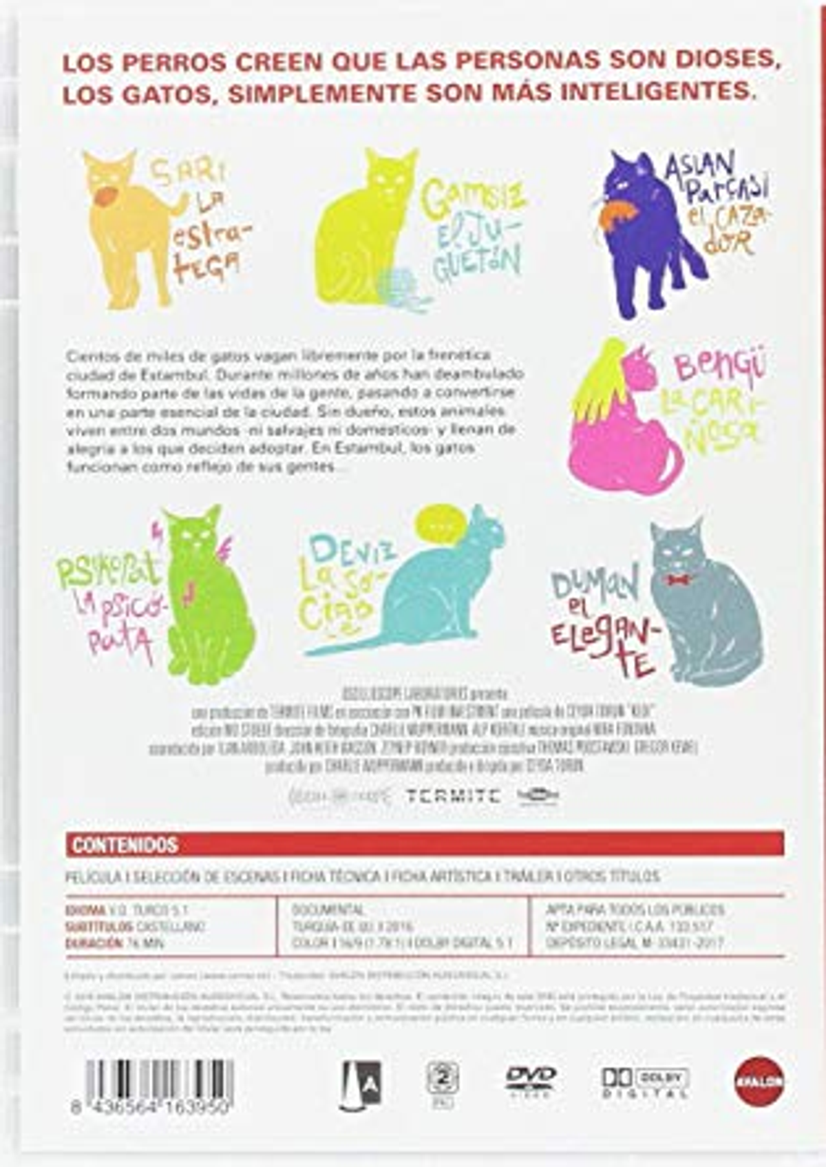 Parte trasera del DVD. Presenta varios gatos coloridos con texto. El título está en español. Contiene una lista de contenidos.