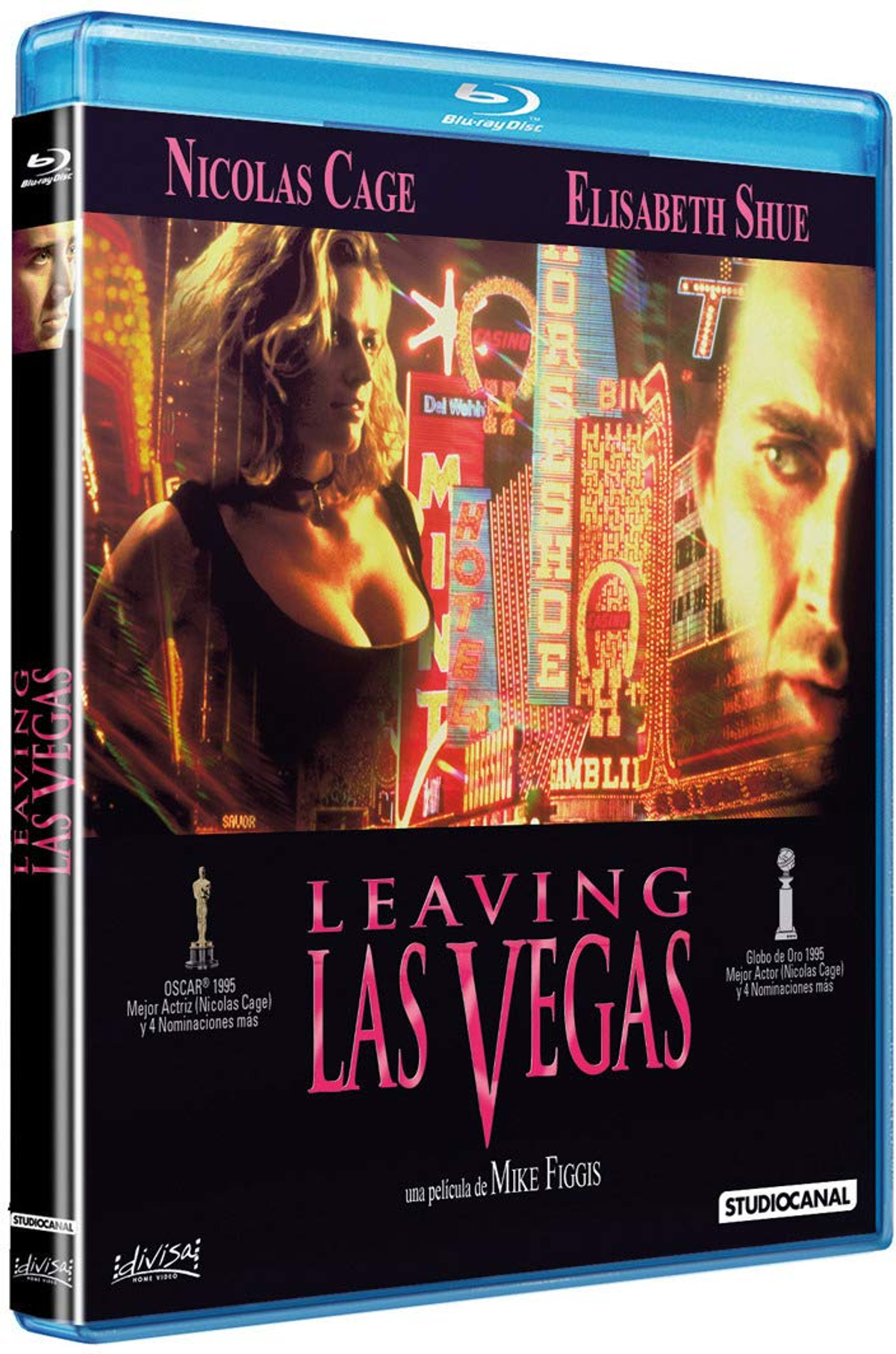 Portada de DVD de Leaving Las Vegas. Nicolas Cage y Elisabeth Shue. Luces de neón en el fondo.