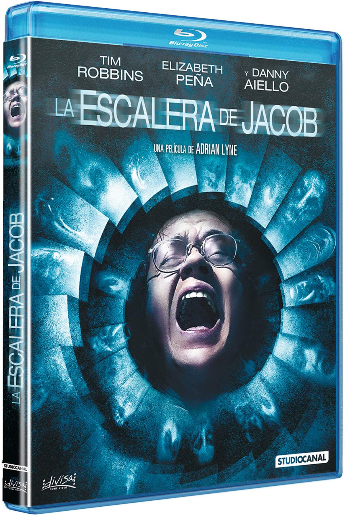 Portada de DVD de 'La Escalera de Jacob'. Un hombre gritando de terror, rodeado por un patrón giratorio.