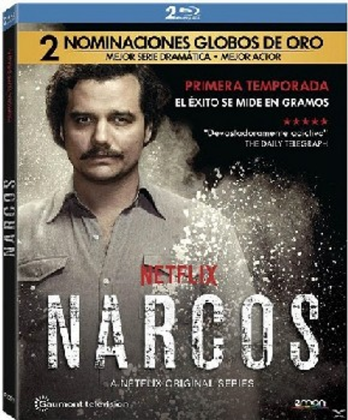 Portada de DVD: Hombre con bigote y el título "Narcos" y el logo de Netflix.