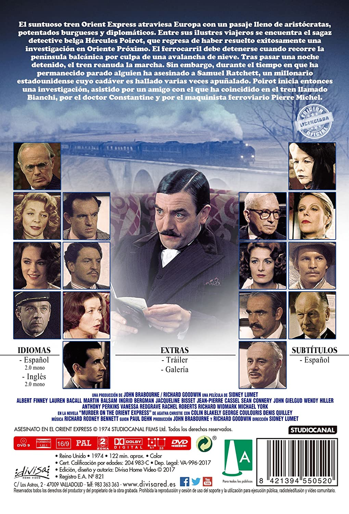 Portada de DVD de 'Asesinato en el Orient Express' con un collage de actores y texto en español. Fondo oscuro.