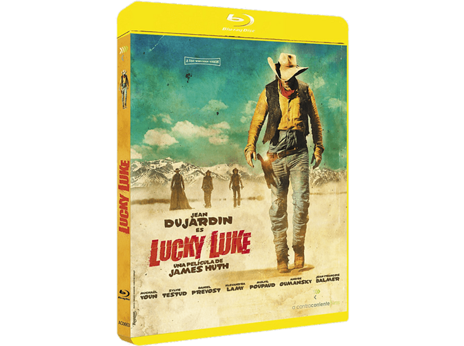 Portada de Blu-ray de un vaquero, 'Lucky Luke'. La imagen tiene un fondo amarillo.