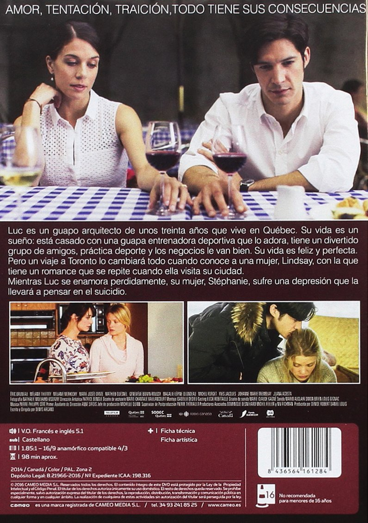 Funda de DVD con una pareja. Una mujer con una copa de vino, un hombre con una copa de vino. Parte trasera del DVD.