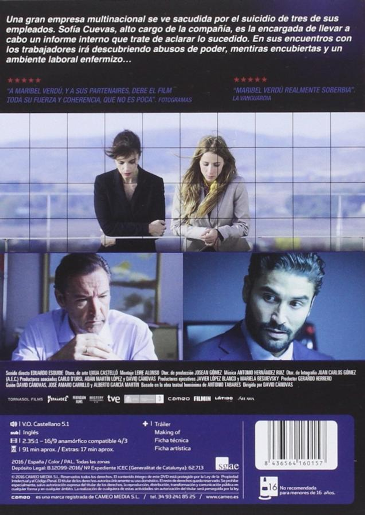 Portada de película con cuatro personas en blanco y negro y texto en español. El título en fuente grande.