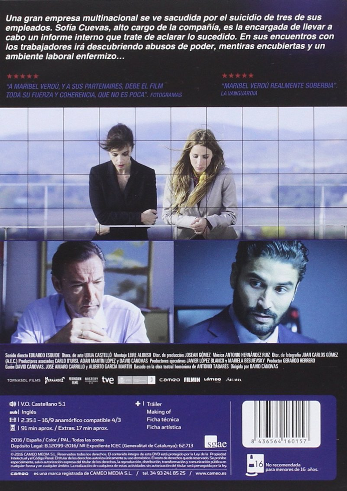 Una portada de DVD que muestra cuatro rostros. El título está en español. El texto sobre la película está en la parte posterior.
