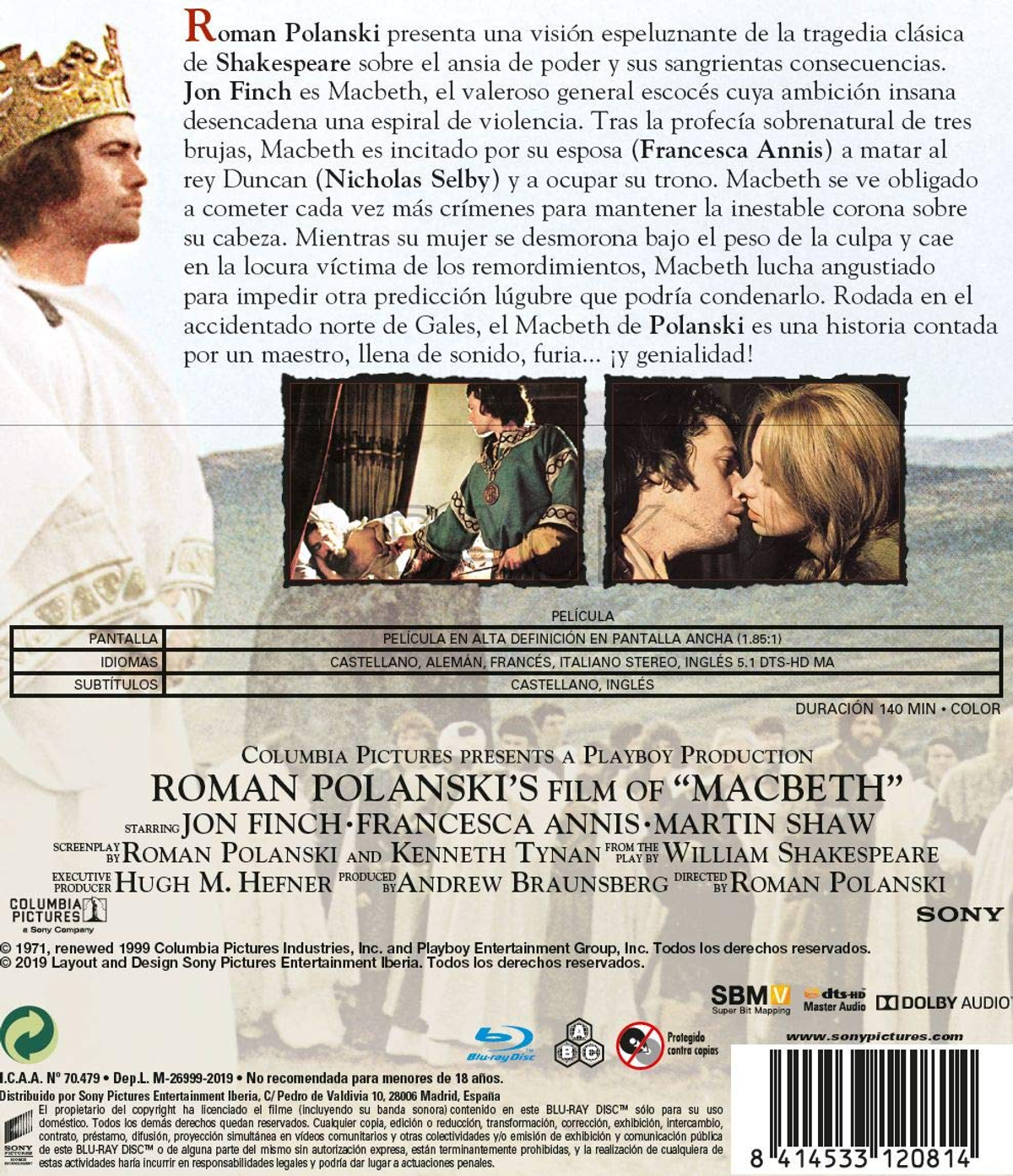 Contraportada de DVD: Macbeth. Texto sobre la película y escenas. Actores enumerados.