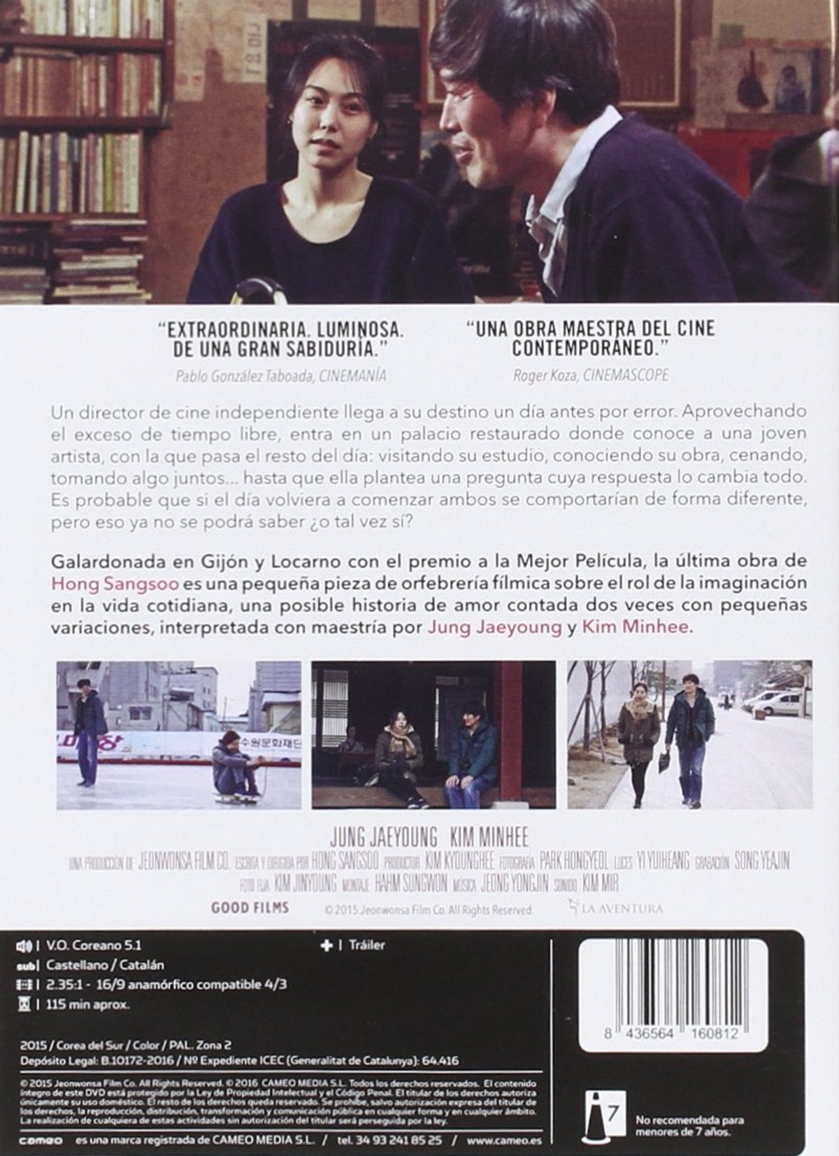 Portada de DVD de una película surcoreana con dos personas. El fondo tiene libros.