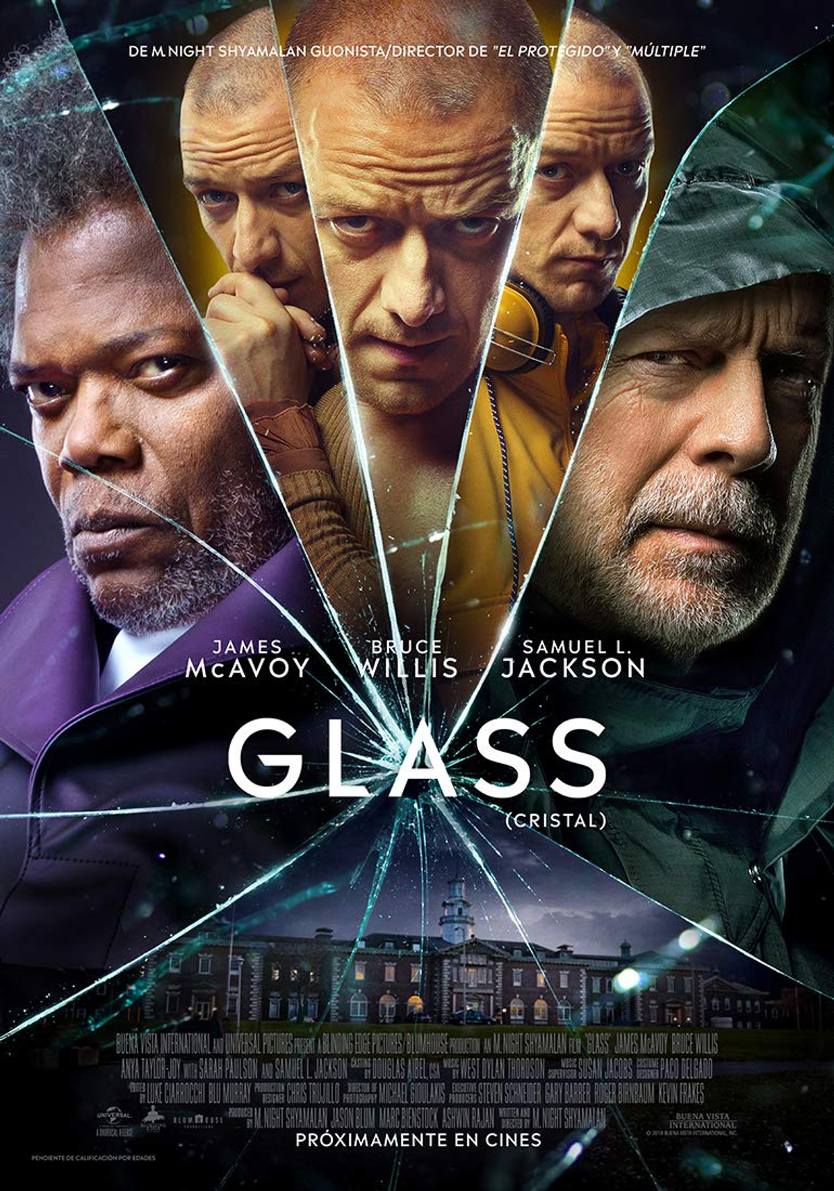 Póster de la película Glass. Presenta a Samuel L. Jackson, Bruce Willis y James McAvoy.