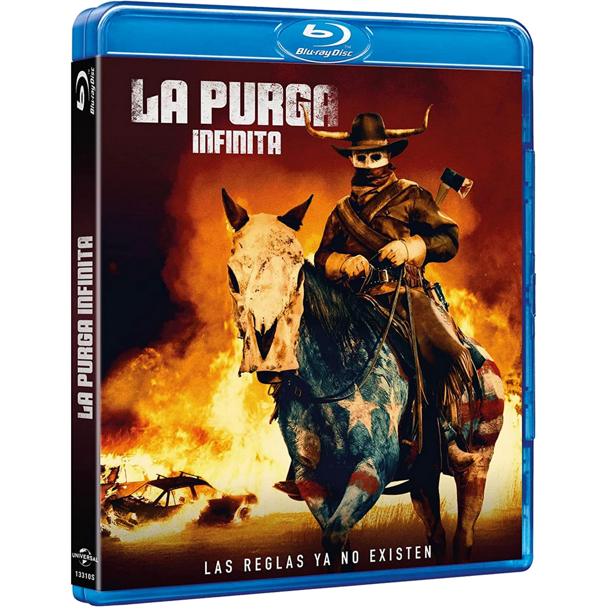 Portada de película: Persona montando un caballo con cabeza de calavera y otra con un hacha. Fuego al fondo.