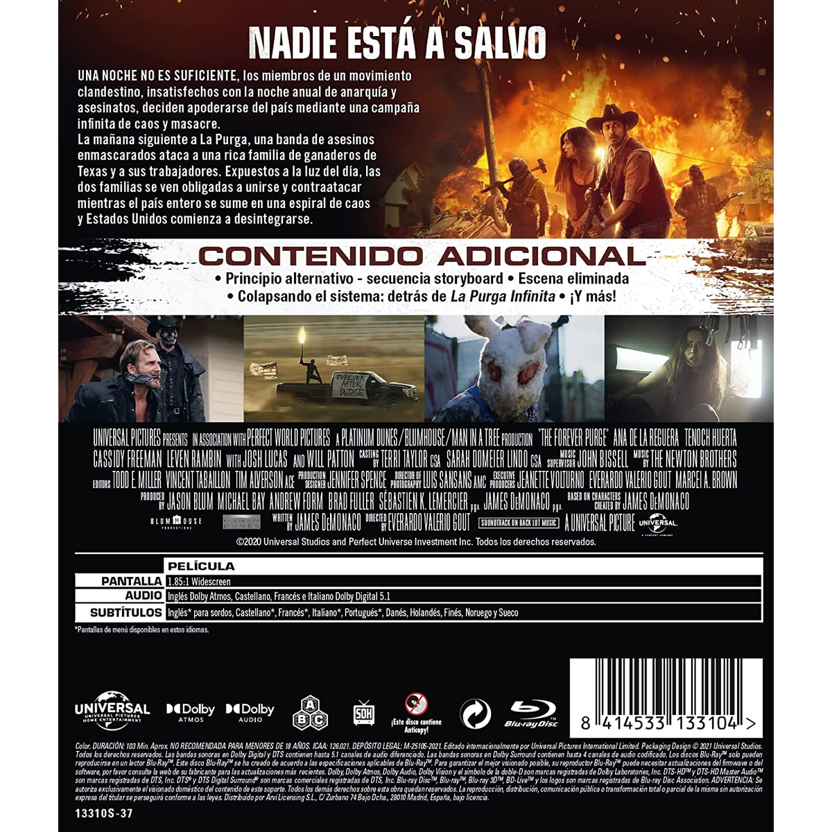 Caja de DVD de 'The Forever Purge' con un hombre con máscara y un grupo de personas.
