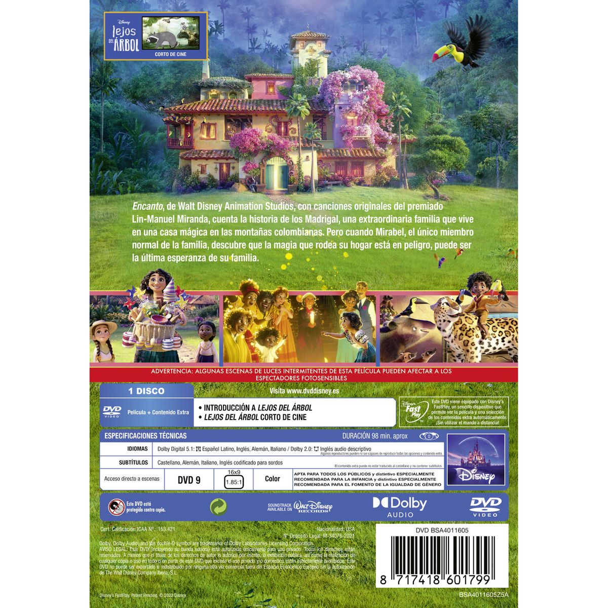 Funda de DVD de 'Encanto'. Casa colorida, personajes y un tucán. Un título en español.