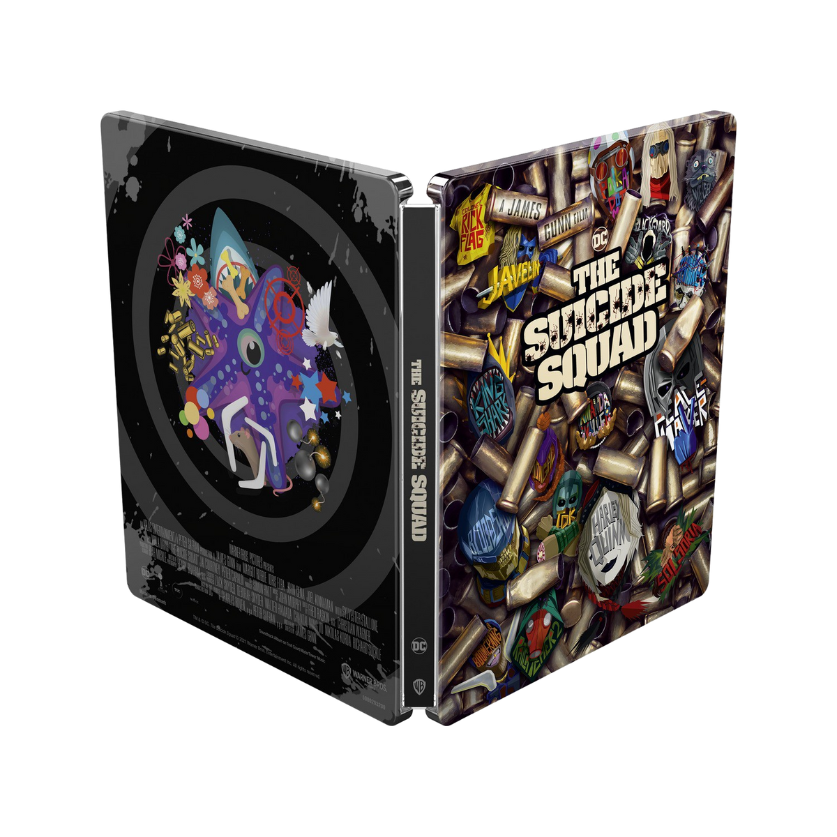Steelbook de El Escuadrón Suicida. La portada presenta casquillos de bala y emblemas de personajes. Arte.