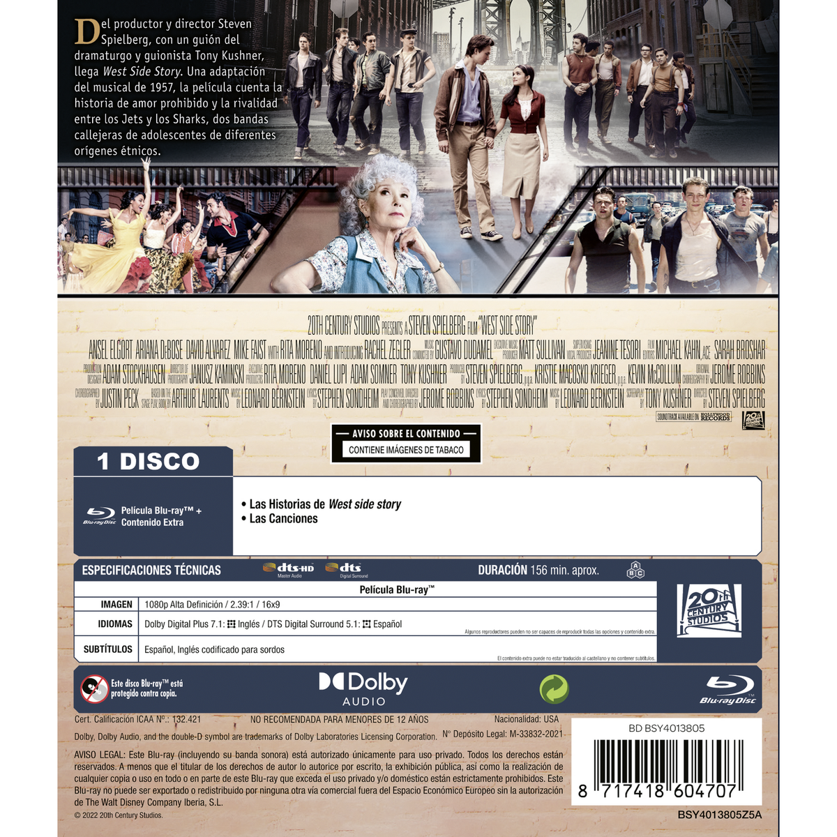 Contraportada de Blu-ray: Gente bailando, texto sobre la película en español.