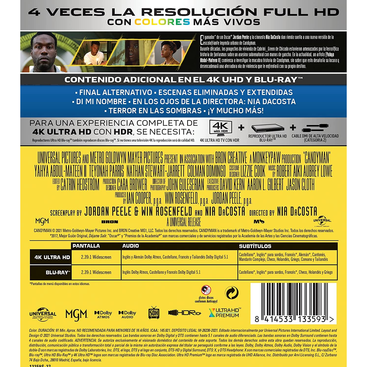 Portada de película, texto en español. Un hombre negro con traje.