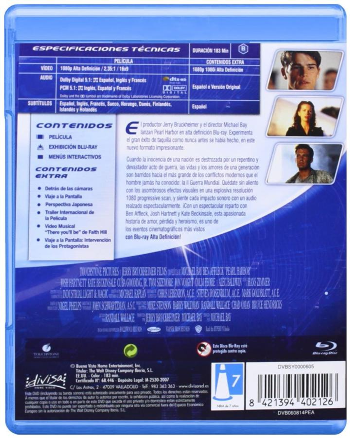 Parte trasera de una caja de DVD con texto. Actores, créditos, una foto familiar y un barco.