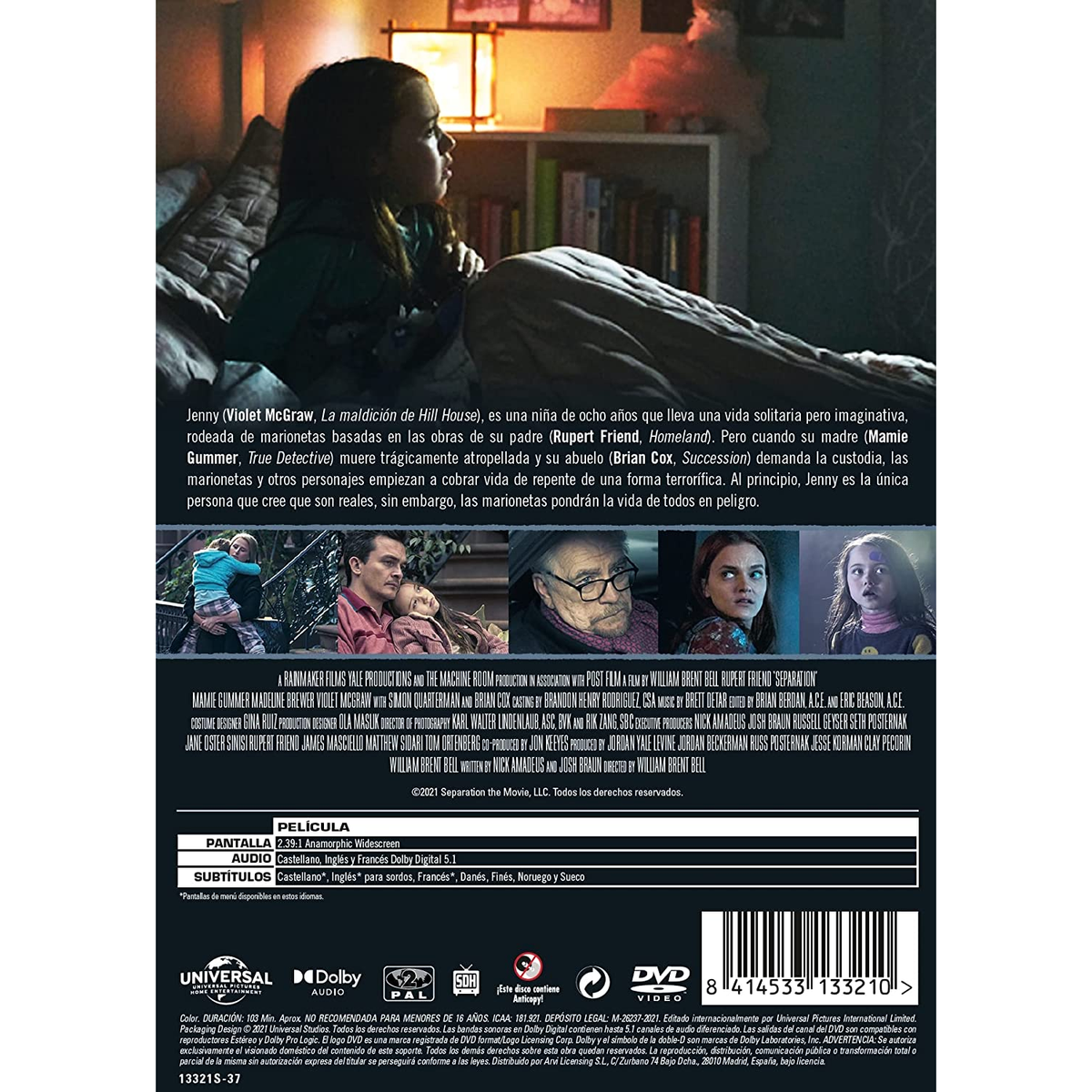 Contraportada de DVD en español con texto e imágenes de la película 'Separation'. Presenta a una niña.