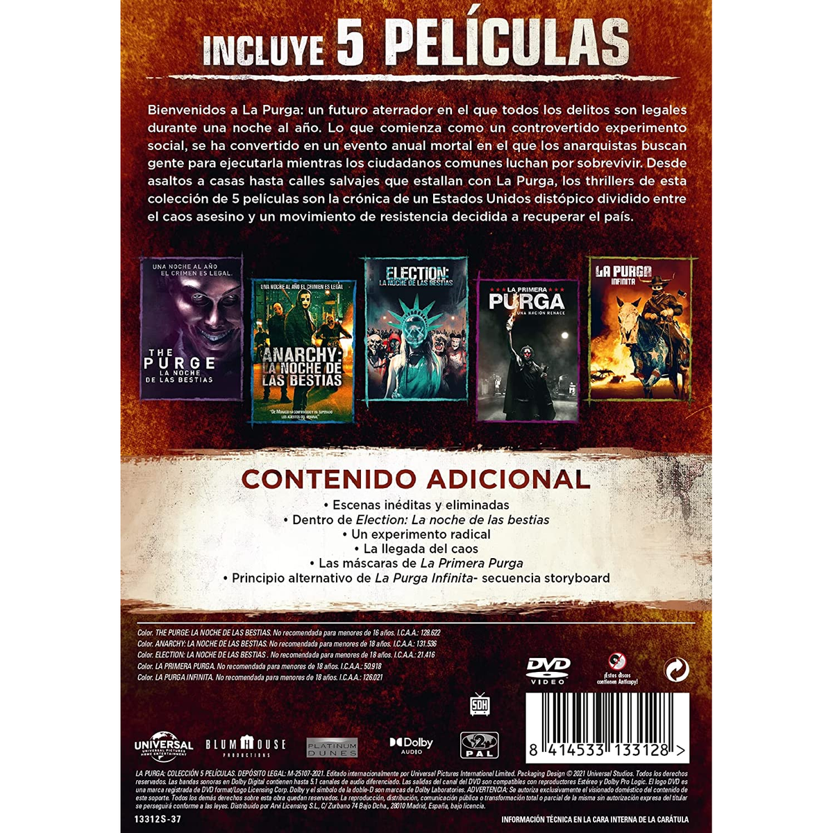 Portada de DVD con múltiples portadas de películas. Incluye: The Purge, Anarchy, Election, The Purge y The Forever Purge.