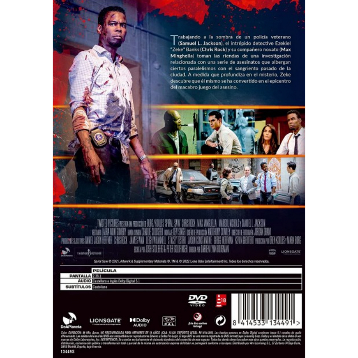 Portada de DVD: Un hombre con traje con sangre en la camisa. Otras personas en el fondo. El título es "Twisted".